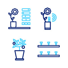 Poster - set line automatic irrigation sprinklers, plant pot, smart farming technology and flower status icon