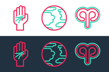 Sticker - Set line Aries zodiac, Palmistry of the hand and Planet Mercury icon. Vector