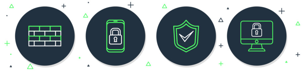 Poster - set line mobile with closed padlock, shield check mark, firewall, security wall and lock on computer