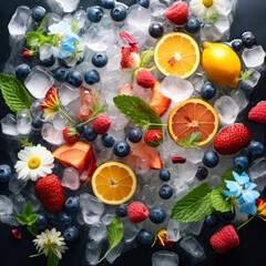 Wall Mural - Fresh healthy tropical refreshment, delicious juicy, exotic fruit cut in half chilled and iced with ice cubes. Fruit salad background.