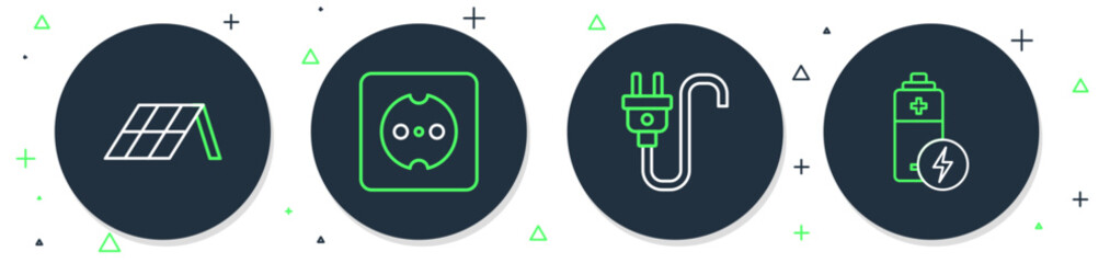 Poster - set line electrical outlet, plug, solar energy panel and battery icon. vector