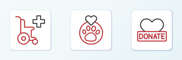 Poster - Set line Donation and charity, Wheelchair for disabled person and Heart with animals footprint icon. Vector