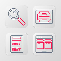 Poster - set line online translator, exam sheet, certificate template and magnifying glass icon. vector