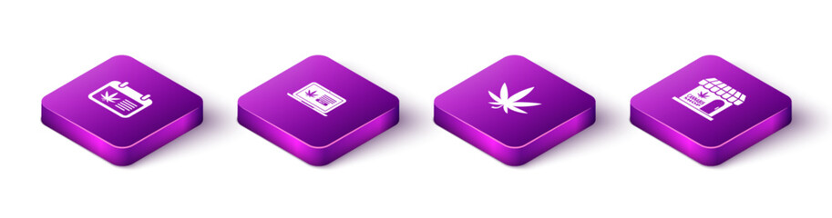 Sticker - Set Isometric Calendar and marijuana, Online buying, Marijuana or cannabis leaf and store icon. Vector