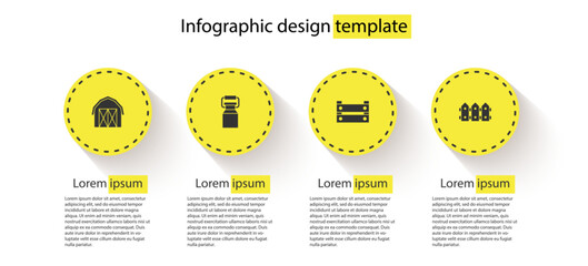 Sticker - Set Farm house, Can container for milk, Wooden box and Garden fence wooden. Business infographic template. Vector