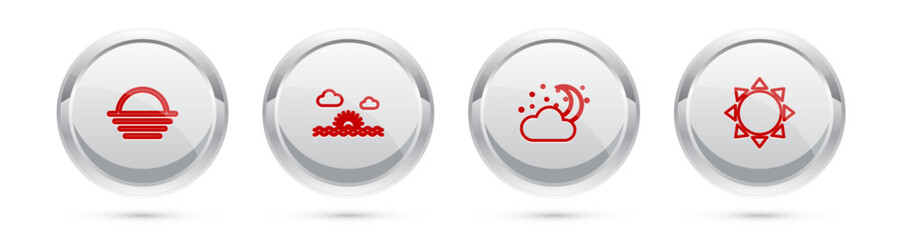 Poster - Set line Sunset, , Cloud with moon and stars and . Silver circle button. Vector