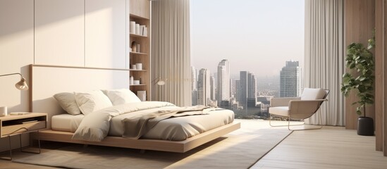 Sticker - bedroom in apartment with building highrise skyscraper background,home interior design concept house beautiful bedroom modern minimal creative ideas docerative background,ai generate