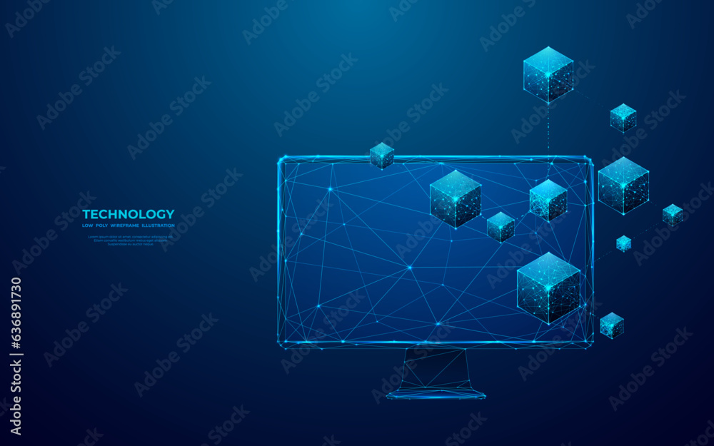 Abstract digital isometric blockchain icon on a computer monitor screen ...