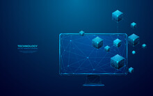 Abstract Digital Isometric Blockchain Icon On A Computer Monitor Screen. Linked Blocks Technology Or Metaverse Concept. Vector Illustration On Blue Background In Futuristic Low Poly Wireframe Style.
