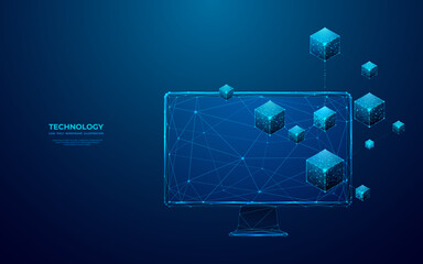 Poster - Abstract digital isometric blockchain icon on a computer monitor screen. Linked blocks Technology or metaverse concept. Vector illustration on blue background in futuristic low poly wireframe style.