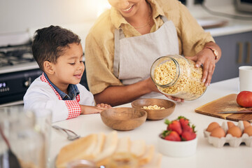 Sticker - Breakfast, smile and food help with family and cooking with morning cereal at a home. Kitchen, love and happy support of a mother and young child with teaching and care for baking learning together