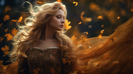 Wall Mural - Gorgeous woman in autumn/fall, desktop background for laptop etc.