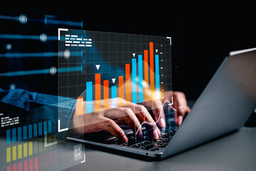 investment, graph, finance, financial, investing, technology, buy, sell, price, business. typing keyboard for invest into technology, then examine graph of benefit. for buy or sell that prices.