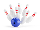 Fototapeta Sawanna - Bowling strike concept. Blue Bowling Ball hits bowling pins. Transparent background