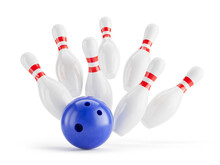 Bowling Strike Concept. Blue Bowling Ball Hits Bowling Pins. Transparent Background