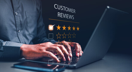 feedback, quality, rating, review, survey, experience, customer review, opinion, consumer, customer. typing keyboard to customer feedback five rating review survey. experience customer of reviewed.