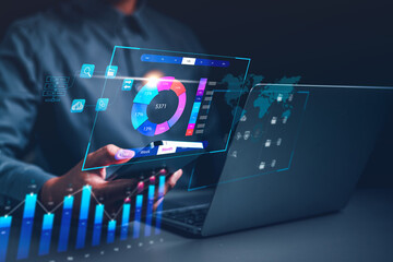 Wall Mural - business, technology, project, analysis, graph, resource, interface, management, document, progress. touching at smart phone to check project progress, dashboard hud is showing of the front.