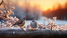 Cute Little Sparrows Sitting On A Branch In Winter. Winter Background, Animal Theme