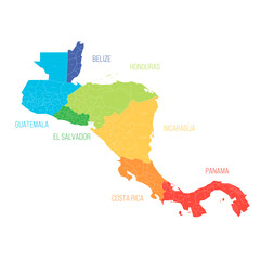Sticker - Countries of Central America - map with administrative divisions of Belize, Guatemala, Honduras, El Salvador, Nicaragua, Costa Rica and Panama. Colorful map with labels.