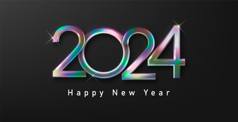 Wall Mural - happy new year with holographic numbers 2024. celebration concept for calendar, banner, flyer, poste