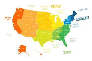 Wall Mural - Regions and Divisions of United States - statistical units defined by US Census Bureau. Colorful vector map.