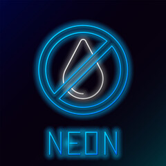 Poster - Glowing neon line Water drop forbidden icon isolated on black background. No water sign. Colorful outline concept. Vector