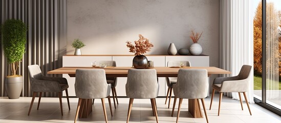 contemporary house design creative decor dining area in natural minimal natural material colour scheme warm and cosy feeling clean and clear space organize house beautiful background,ai generate