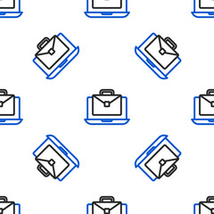 Poster - Line Online working icon isolated seamless pattern on white background. Freelancer man working on laptop at his house. Remote work. Distant job concept. Colorful outline concept. Vector
