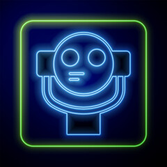 Poster - Glowing neon Tourist binoculars icon isolated on blue background. Binoculars telescope on the observation deck for tourists. Vector