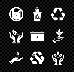 Sticker - Set Say no to plastic bags poster, Recycle bin with recycle symbol, Sprout hand of environmental protection, Recycling bottle, Plant, and Car battery icon. Vector