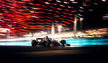 Colourful Neon Race Car On The Race Track, Formula 1 At Night Competing At High Speed In Motion Blur, Light Trails