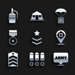 Canvas Print - Set Military rank, Bullet, army, Target sport, Chevron, reward medal, Airdrop box and Hand grenade icon. Vector