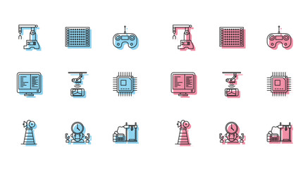 Poster - Set line Antenna, Assembly line, 3D printer, Wireless Controlling CCTV security camera, Processor with microcircuits CPU, Computer monitor screen and Printed board PCB icon. Vector