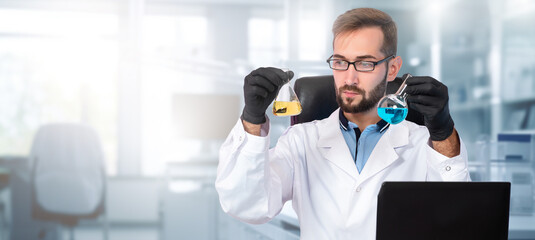 Poster - man laboratory assistant. chemist with test tubes. scientist conducts experiment. chemist man in whi