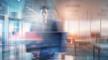 Poster - Business man. Manager is standing near monitor. Investor at work. Office speed graphic effect. Background with business man. Guy works in open space office. Business backdrop. Company director