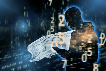 Poster - Digital dollar. Crumpled USD bill. Trader silhouette with binary code. Digital dollar background. Blockchain USD concept. Trading digital dollar. Digitization of economy. USDC, USDT. 3d image