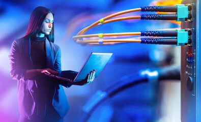 Poster - Business woman near server equipment. Telecommunication technologies. Businesswoman with laptop. Woman owner IT company. Girl uses server equipment. Girl manager IT corporation. Fiber optic network