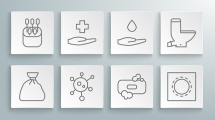 Canvas Print - Set line Garbage bag, Cross hospital medical, Virus, Bar of soap, Condom in package safe sex, Washing hands with, Toilet bowl and Cotton swab for ears icon. Vector