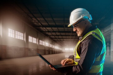 Poster - man is industrialist. factory worker with laptop. industrialist in empty hangar. guy with computer i