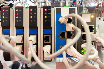 Poster - plc equipment. programmable logic controller. electrical equipment close-up. network communication t