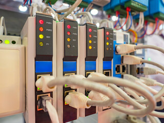 Poster - internet controller. white wires are connected to equipment. automation technologies. internet equip