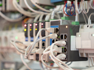 Poster - electrical equipment. plc with network wires. use of electrical networks for data transmission. adsl