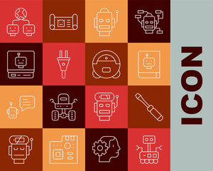 Poster - Set line Robot, Screwdriver, User manual, Electric plug, Artificial intelligence and vacuum cleaner icon. Vector