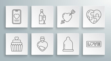 Wall Mural - Set line Wedding cake with heart, Champagne bottle, Bottle love potion, Condom, Love text, Amour and arrow, Heart and Online dating app chat icon. Vector