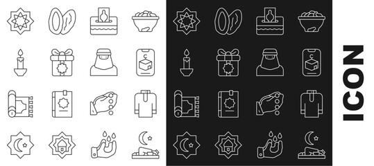 Poster - Set line Muslim man prays, Shirt kurta, Star and crescent, Donate or pay your zakat, Gift box, Burning candle, Octagonal star and woman niqab icon. Vector