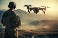 Military Soldier Controls Drone For Reconnaissance