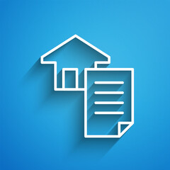 Sticker - White line House contract icon isolated on blue background. Contract creation service, document formation, application form composition. Long shadow. Vector