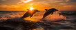 Exhilarating image of playful dolphins leaping through sparkling blue ocean waves, sun setting in the background amplifying their captivating joy and freedom.