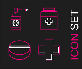 Sticker - Set line Cross hospital medical, Medicine pill or tablet, bottle and Medical with nozzle spray icon. Vector