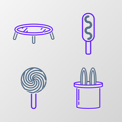 Poster - Set line Magician hat and rabbit ears, Lollipop, Corn dog and Jumping trampoline icon. Vector